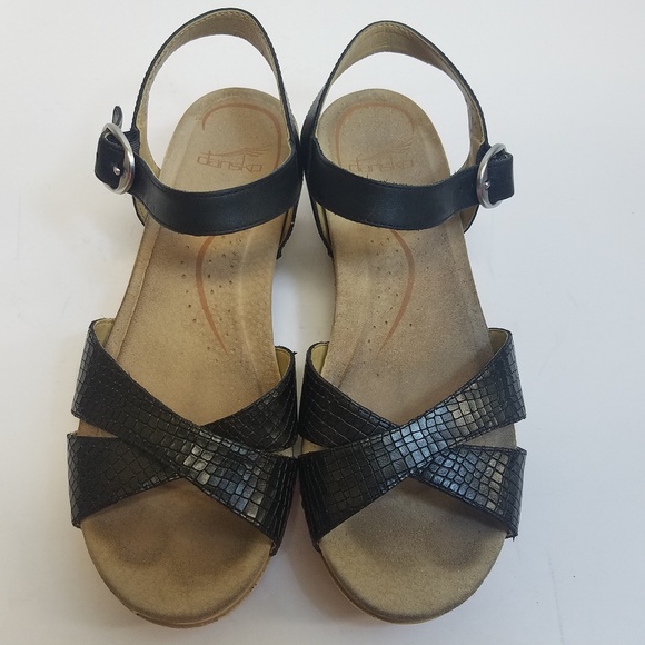 Dansko Leather Sandals Black Wood Sole Sz 7 - Picture 4 of 8